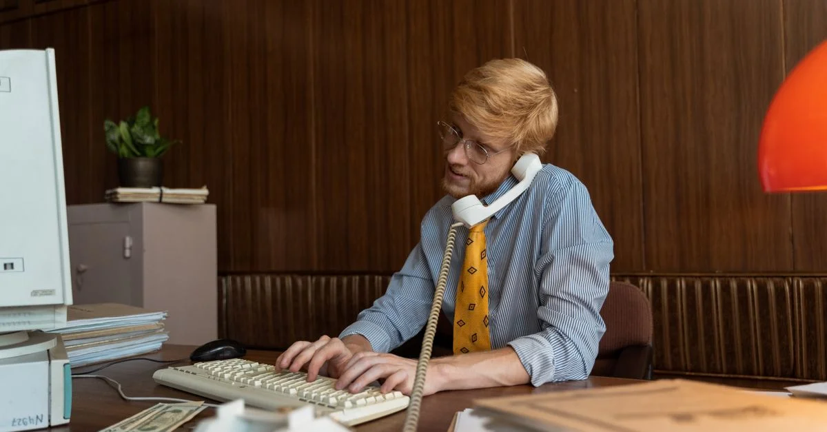 Scène vintage d'un homme d'affaires au téléphone fixe à un bureau rétro avec des documents classiques.